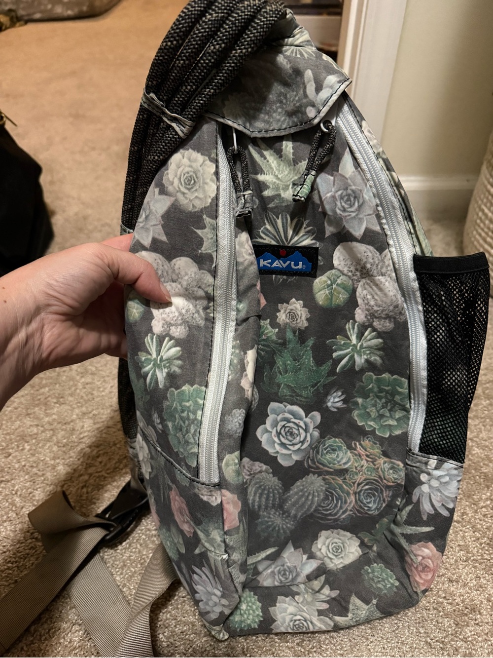 Kavu Gray and Green Succulent Print Sling Backpack